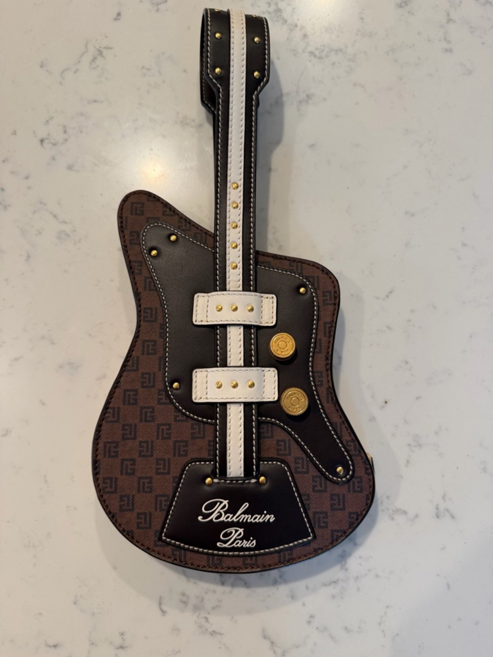 Balmain Guitar-Shaped Crossbody Bag in Brown and Cream with Gold Hardware
